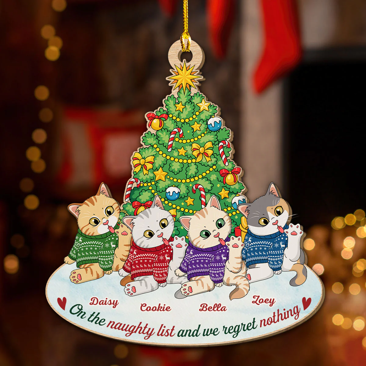 Naughty Cat Licking - Personalized Custom 1-layered Wood Ornament - Image 4