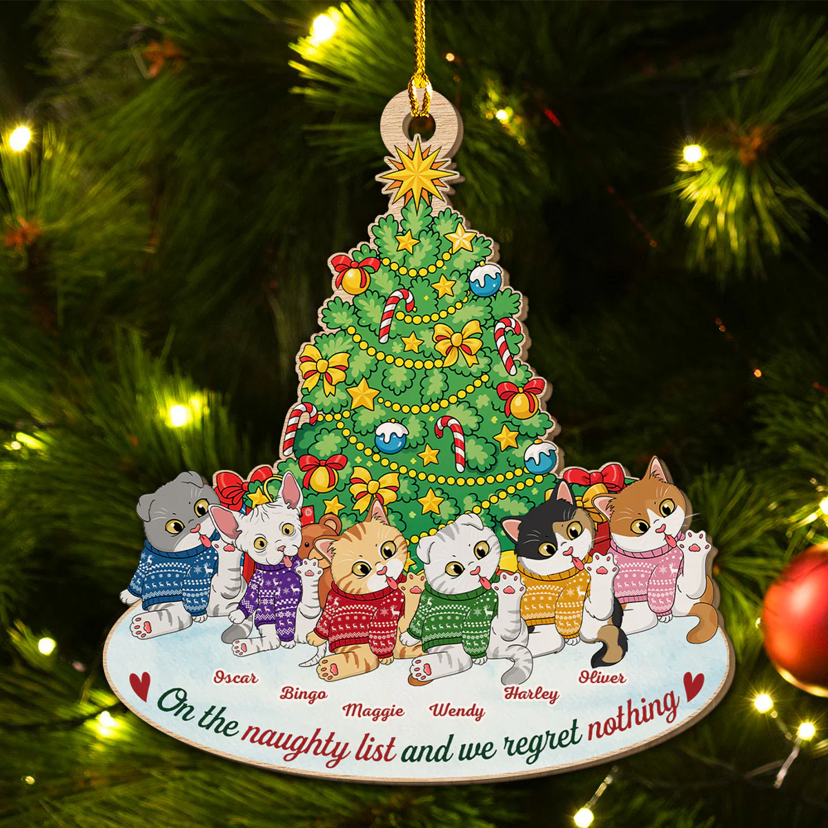 Naughty Cat Licking - Personalized Custom 1-layered Wood Ornament - Image 5