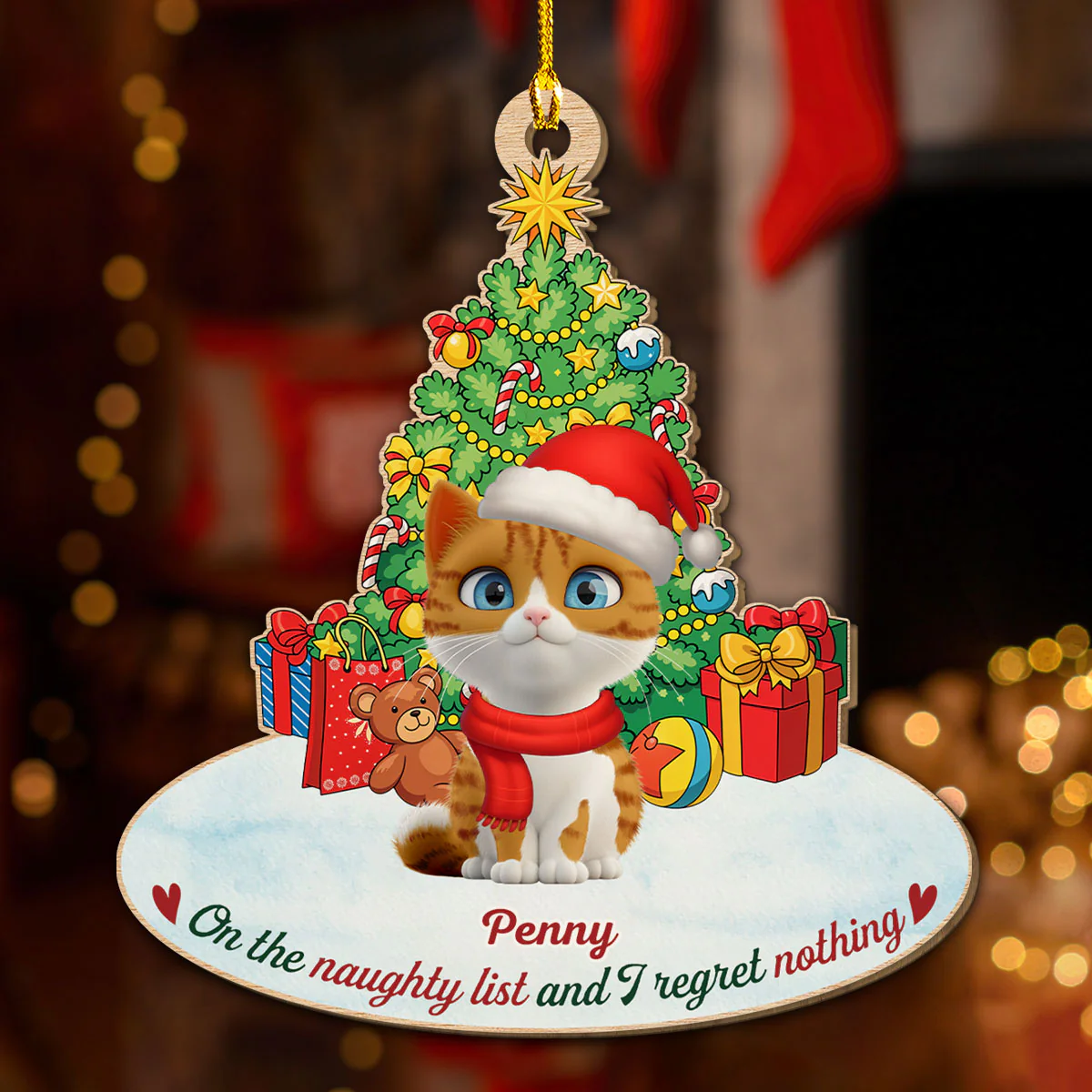 On The Naughty List Cat Cartoonize - Personalized Custom Wood Ornament - Image 2