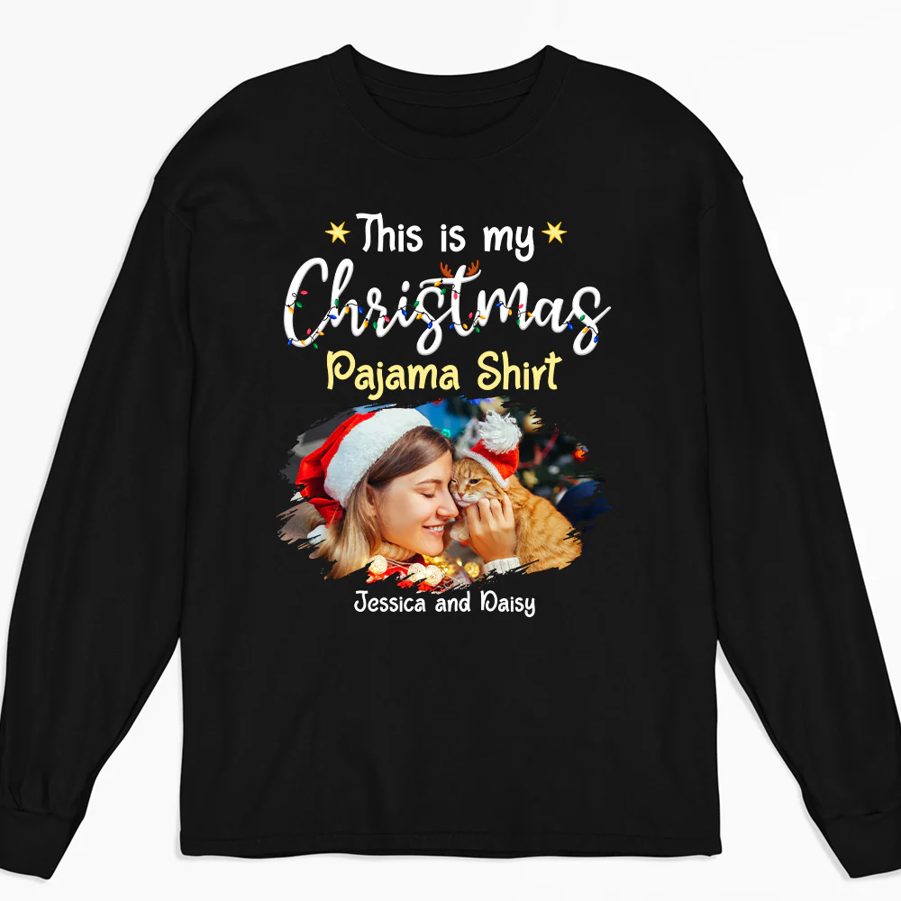 Pawjama Shirt Cartoon Christmas Photo - Personalized Custom Long Sleeve T-shirt