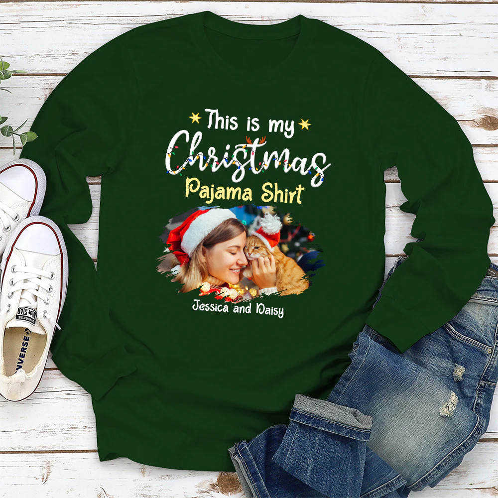 Pawjama Shirt Cartoon Christmas Photo - Personalized Custom Long Sleeve T-shirt - Image 2