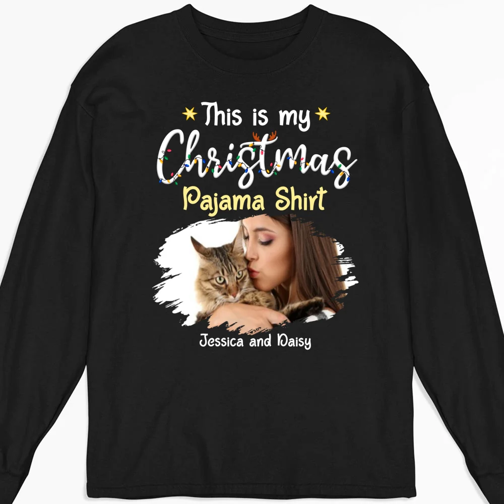 Pawjama Shirt Cartoon Christmas Photo - Personalized Custom Long Sleeve T-shirt - Image 4