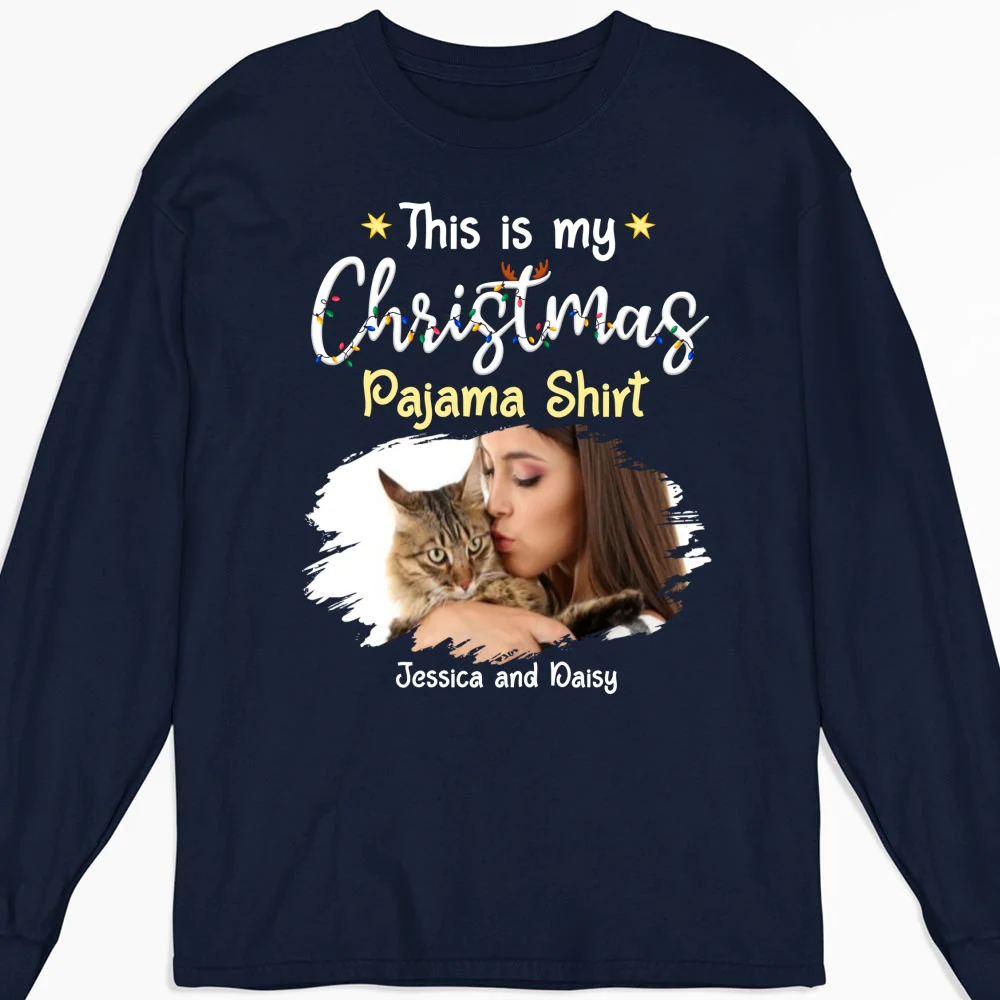 Pawjama Shirt Cartoon Christmas Photo - Personalized Custom Long Sleeve T-shirt - Image 5