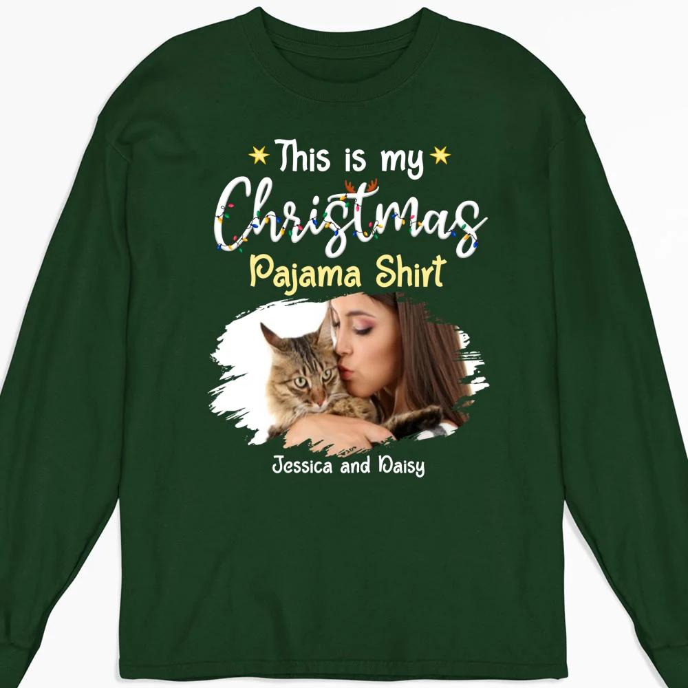 Pawjama Shirt Cartoon Christmas Photo - Personalized Custom Long Sleeve T-shirt - Image 6