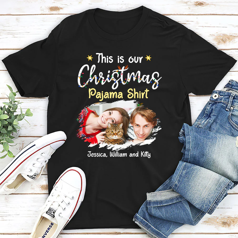 Pawjama Shirt Cat Christmas Ver Couple Photo - Personalized Custom Unisex T-Shirt - Image 3