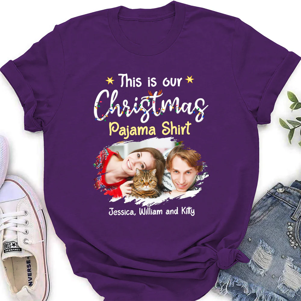 Pawjama Shirt Cat Christmas Ver Couple Photo - Personalized Custom Women T-Shirt - Image 3