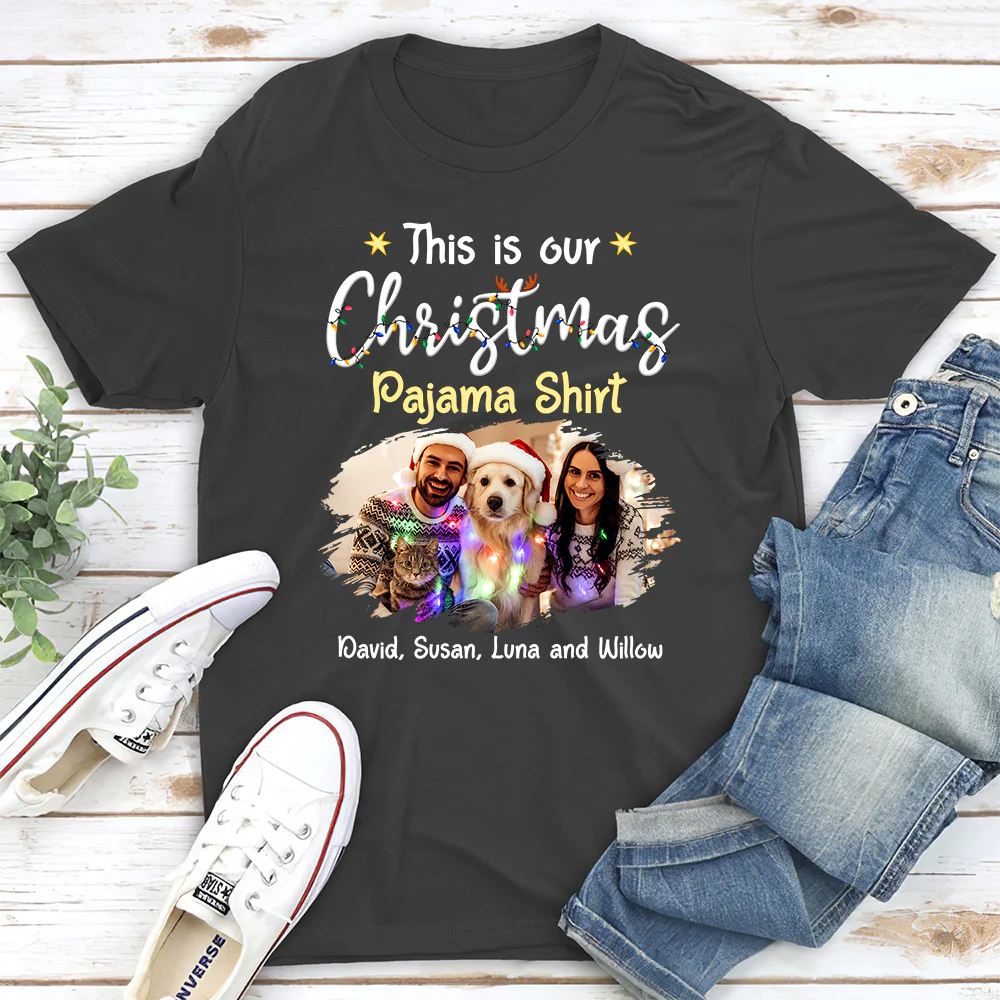 Pawjama Shirt Pet Christmas Ver Couple Photo - Personalized Custom Unisex T-Shirt - Image 3