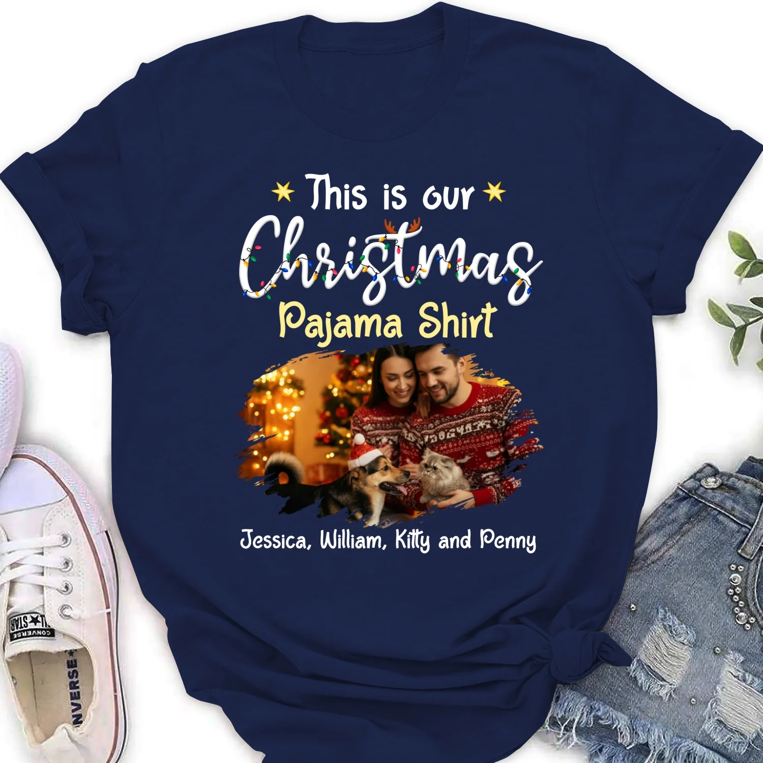Pawjama Shirt Pet Christmas Ver Couple Photo - Personalized Custom Women T-Shirt - Image 7