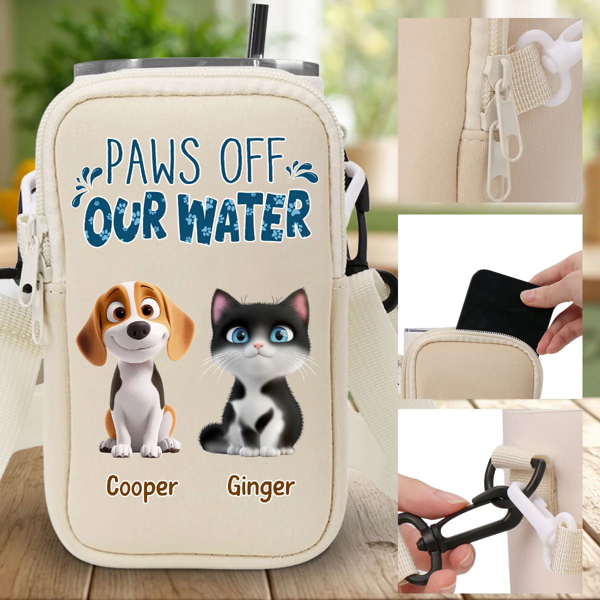 Paws Off Our Water - Personalized Custom 20oz Water Bottle Carrier Bag