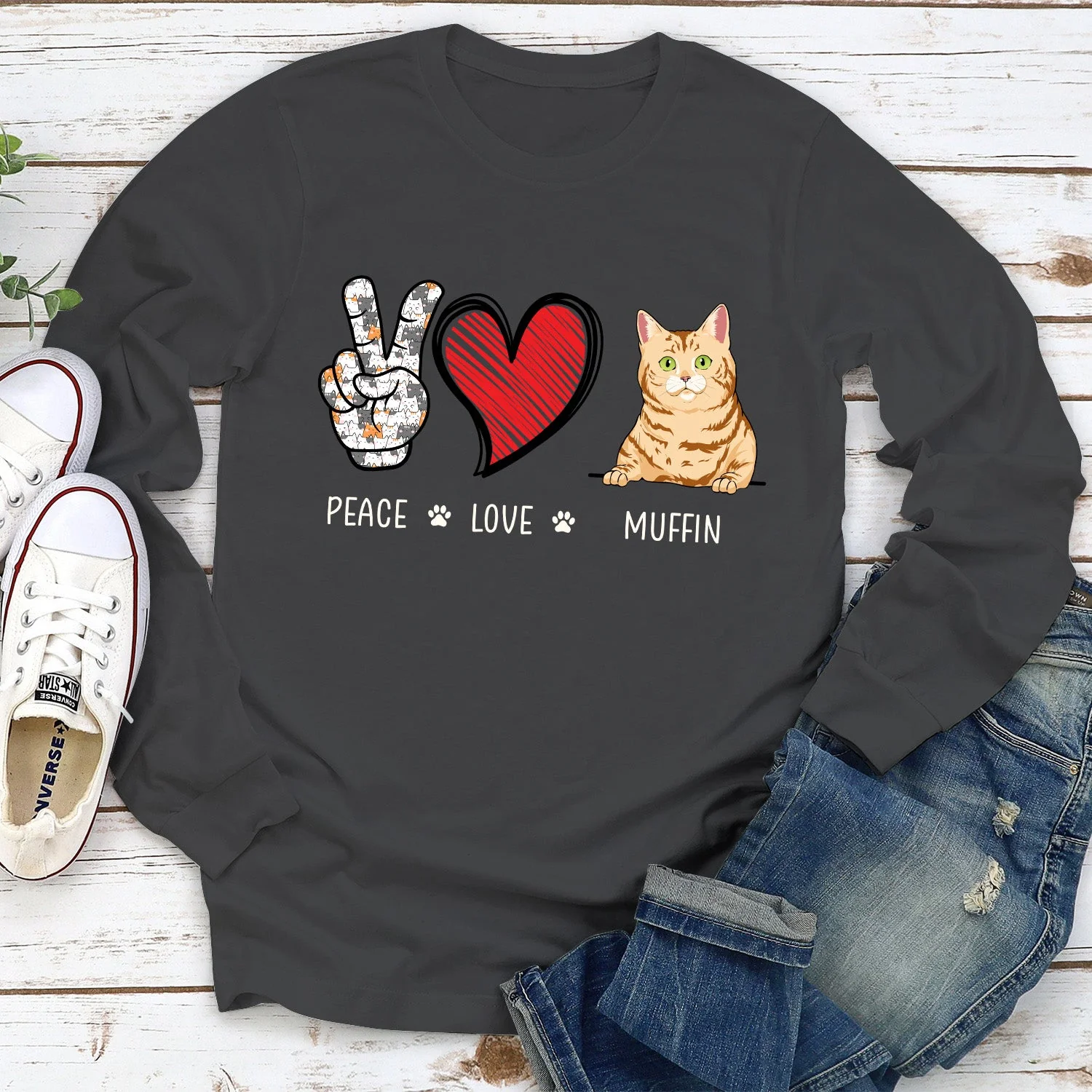 Peace Love Cat - Personalized Custom Long Sleeve T-shirt - Image 3