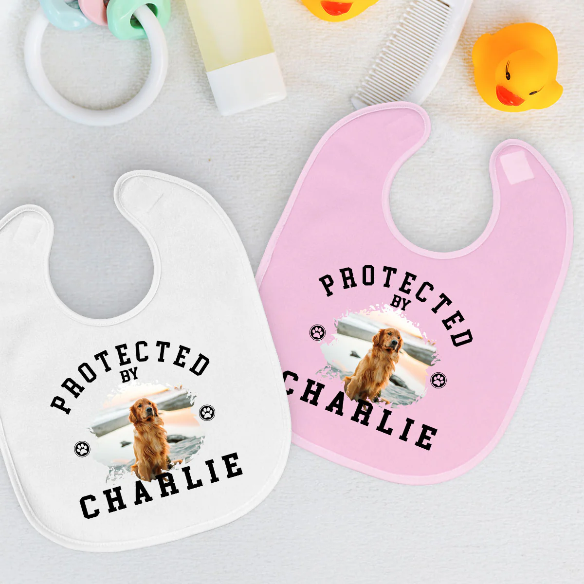 Protected By Dog Cartoon Photo - Personalized Custom Baby Bib - Image 3