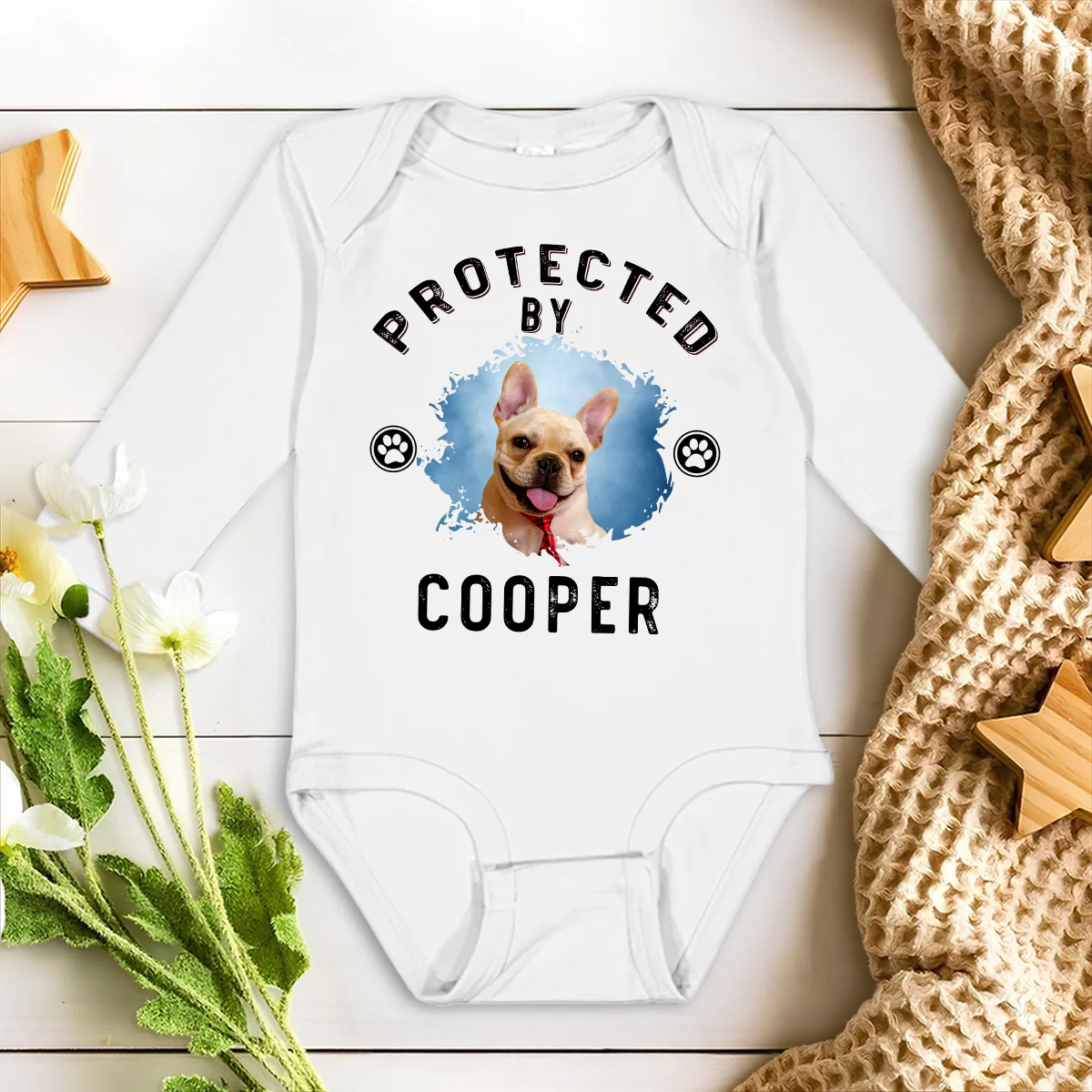 Protected By Dog Retro Photo - Personalized Custom Long Sleeve Baby Onesie - Image 2
