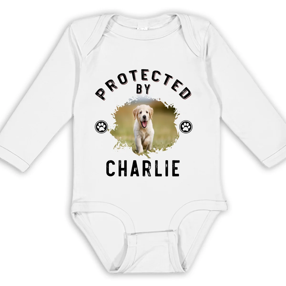 Protected By Dog Retro Photo - Personalized Custom Long Sleeve Baby Onesie - Image 4
