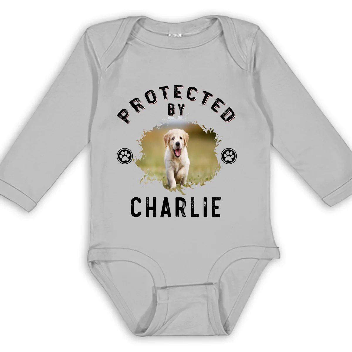 Protected By Dog Retro Photo - Personalized Custom Long Sleeve Baby Onesie - Image 5