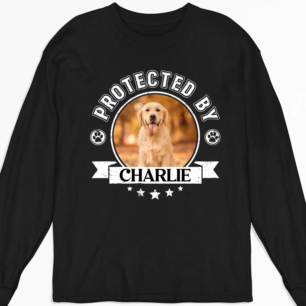 Protected By Human Dog Photo - Personalized Custom Long Sleeve T-Shirt - Image 3