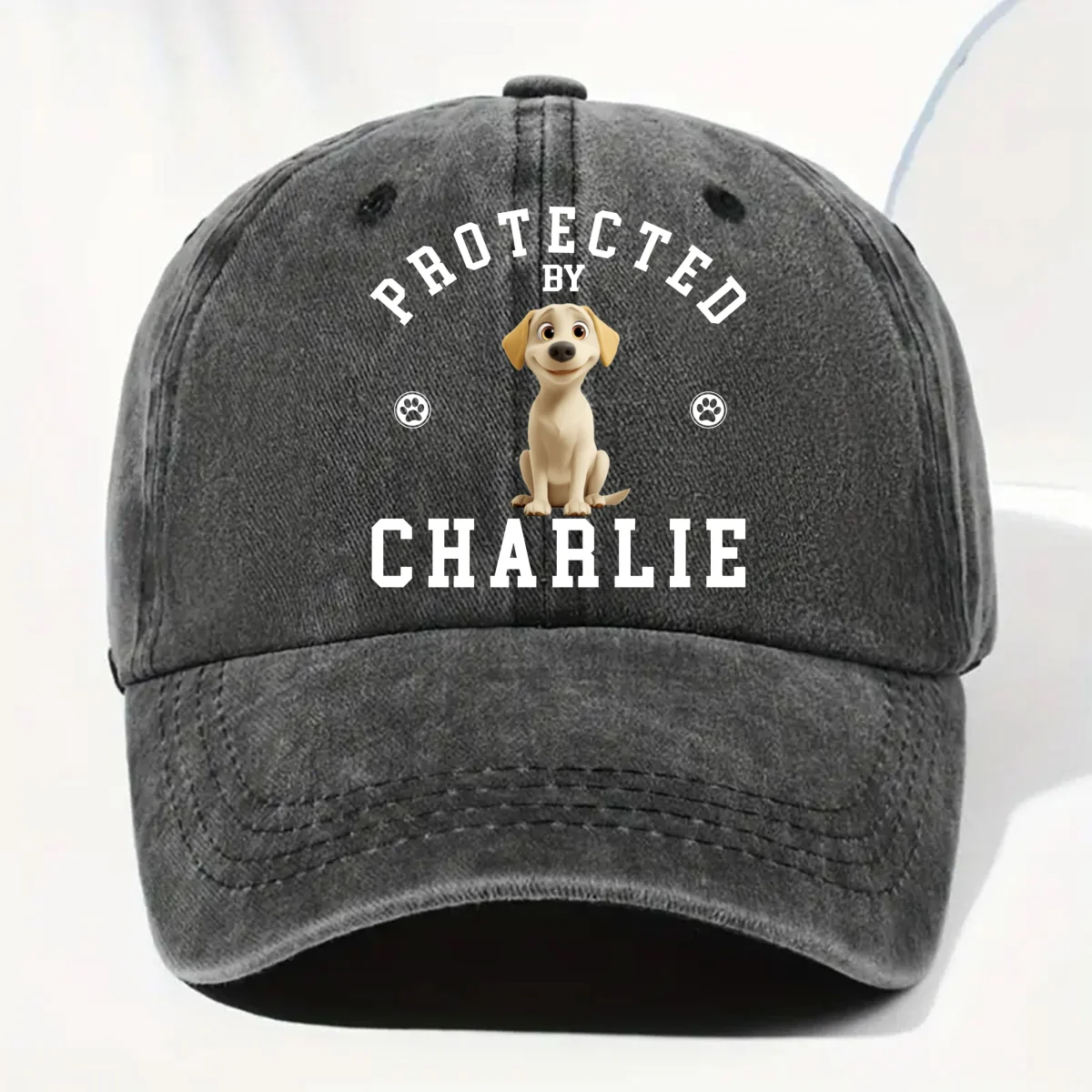 Protected By Pet Cartoon - Personalized Custom Vintage Washed Denim Cap - Image 6