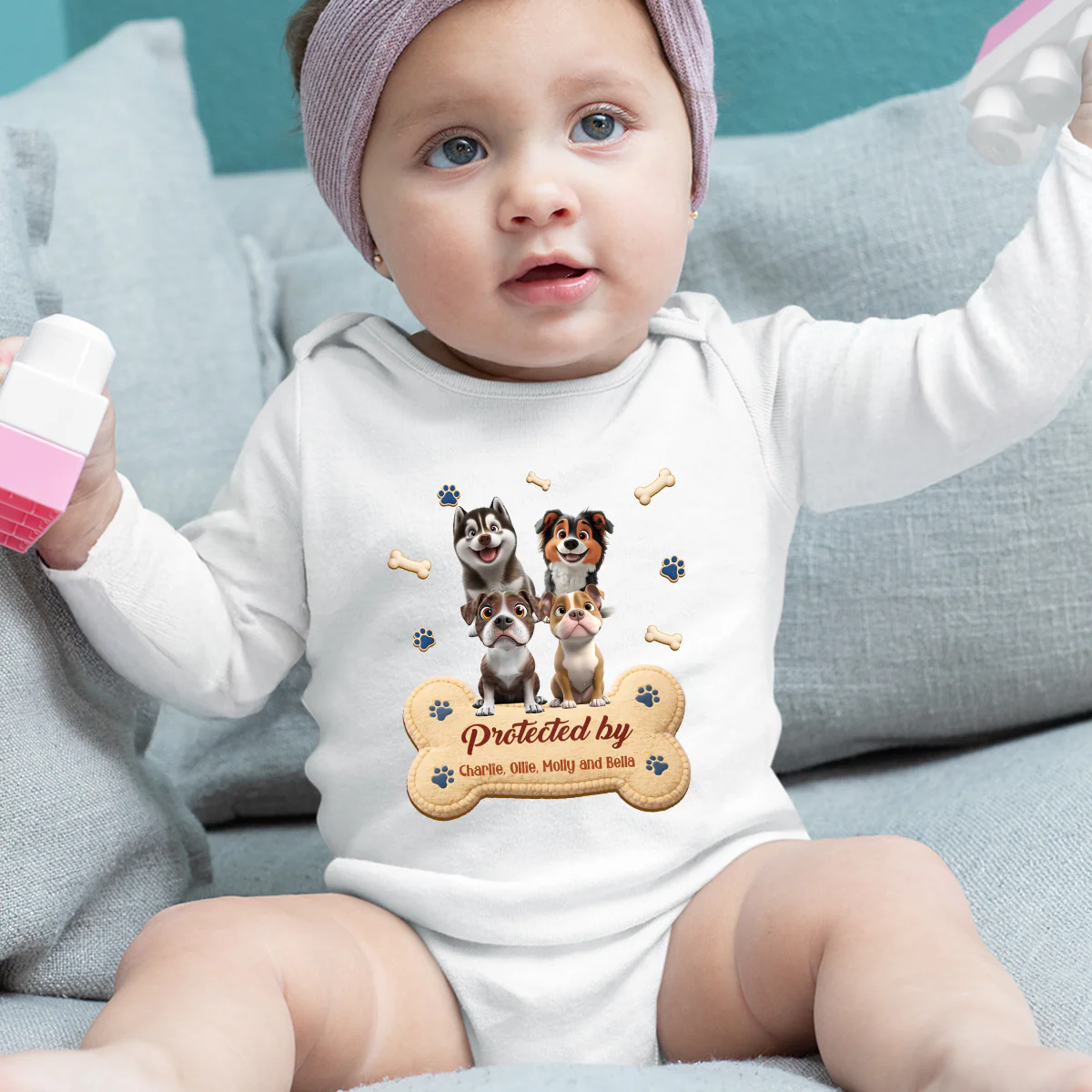 Protected By Stuffy Dog - Personalized Custom Long Sleeve Baby Onesie - Image 5
