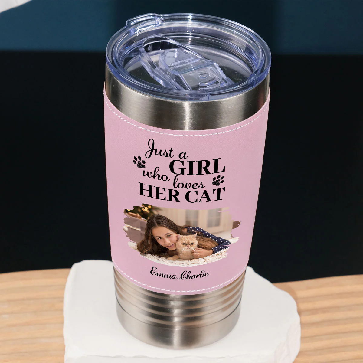 Pumskin Cat Autumn Photo - Personalized Custom Pink Leather Tumbler - Image 2