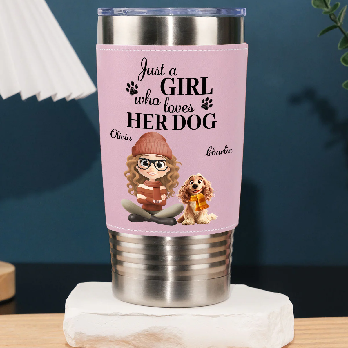 Pumskin Dog Autumn - Personalized Custom Pink Leather Tumbler