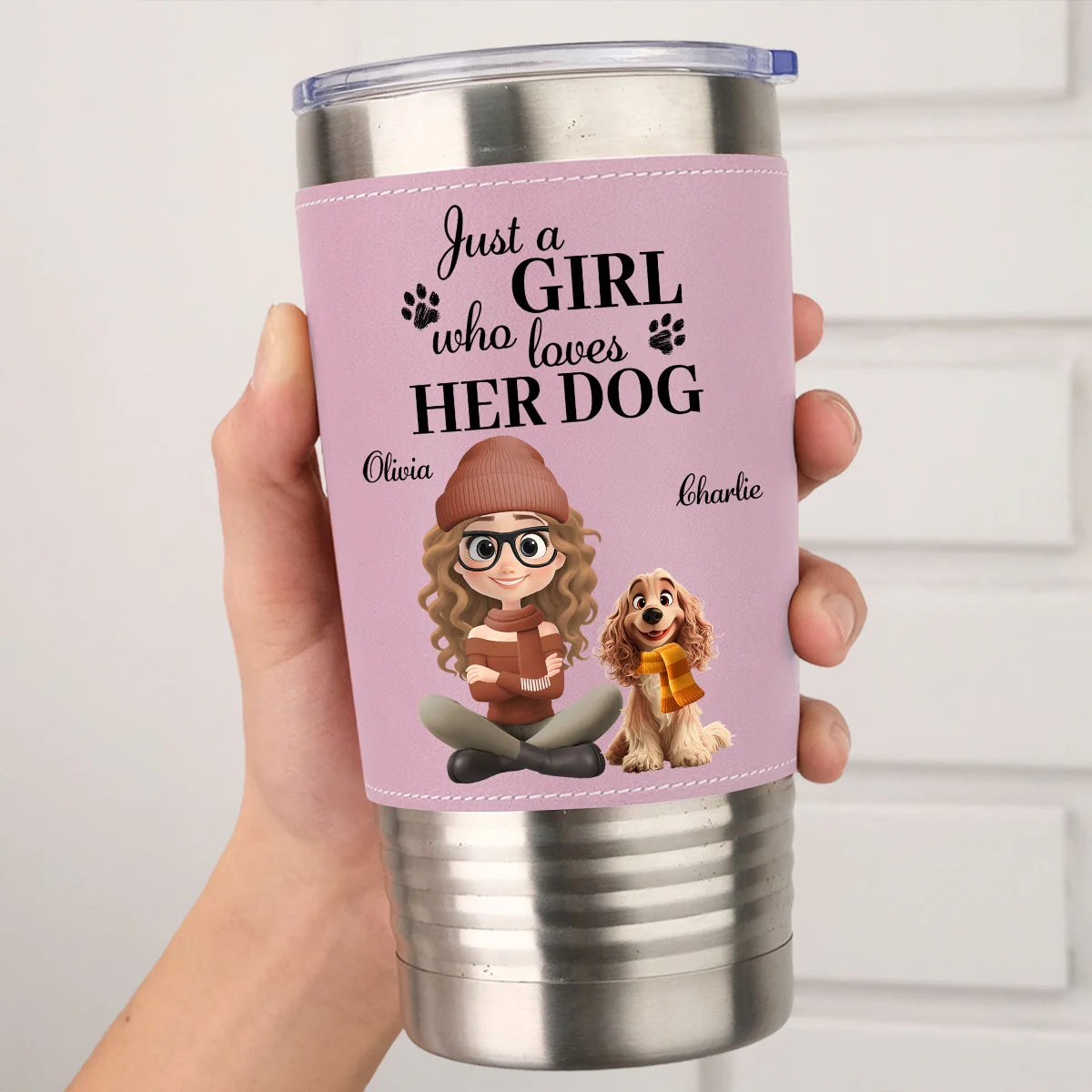 Pumskin Dog Autumn - Personalized Custom Pink Leather Tumbler - Image 3