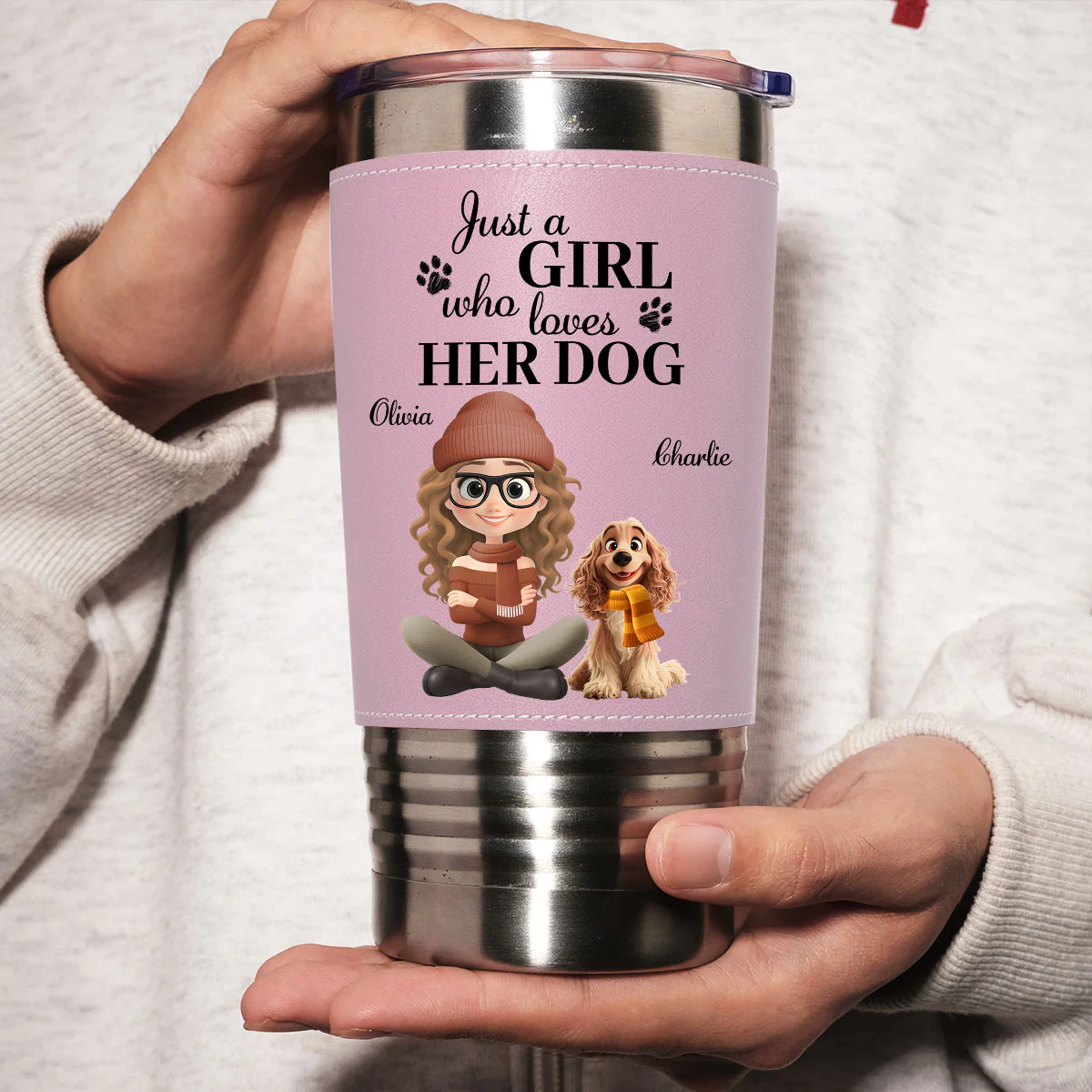 Pumskin Dog Autumn - Personalized Custom Pink Leather Tumbler - Image 4
