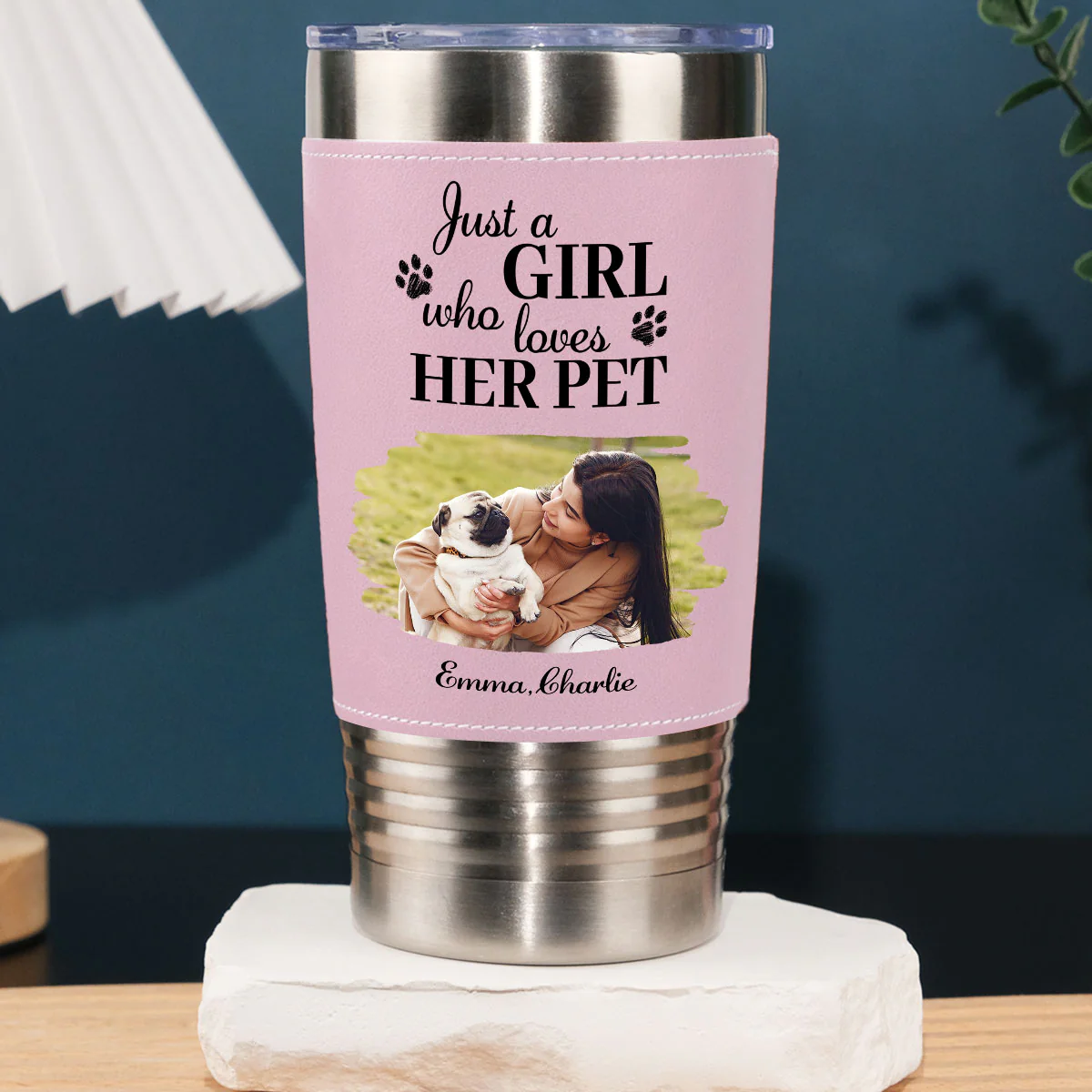 Pumskin Pet Autumn Photo - Personalized Custom Pink Leather Tumbler