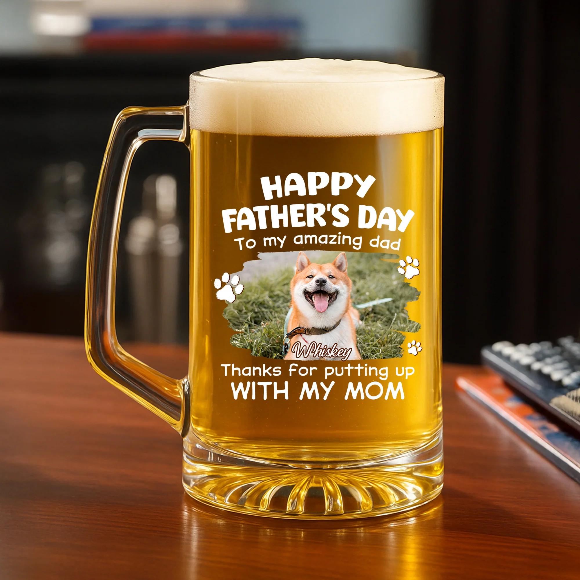 Putting Up With Funny Dad Photo - Personalized Custom Beer Glass With Handle - Image 2