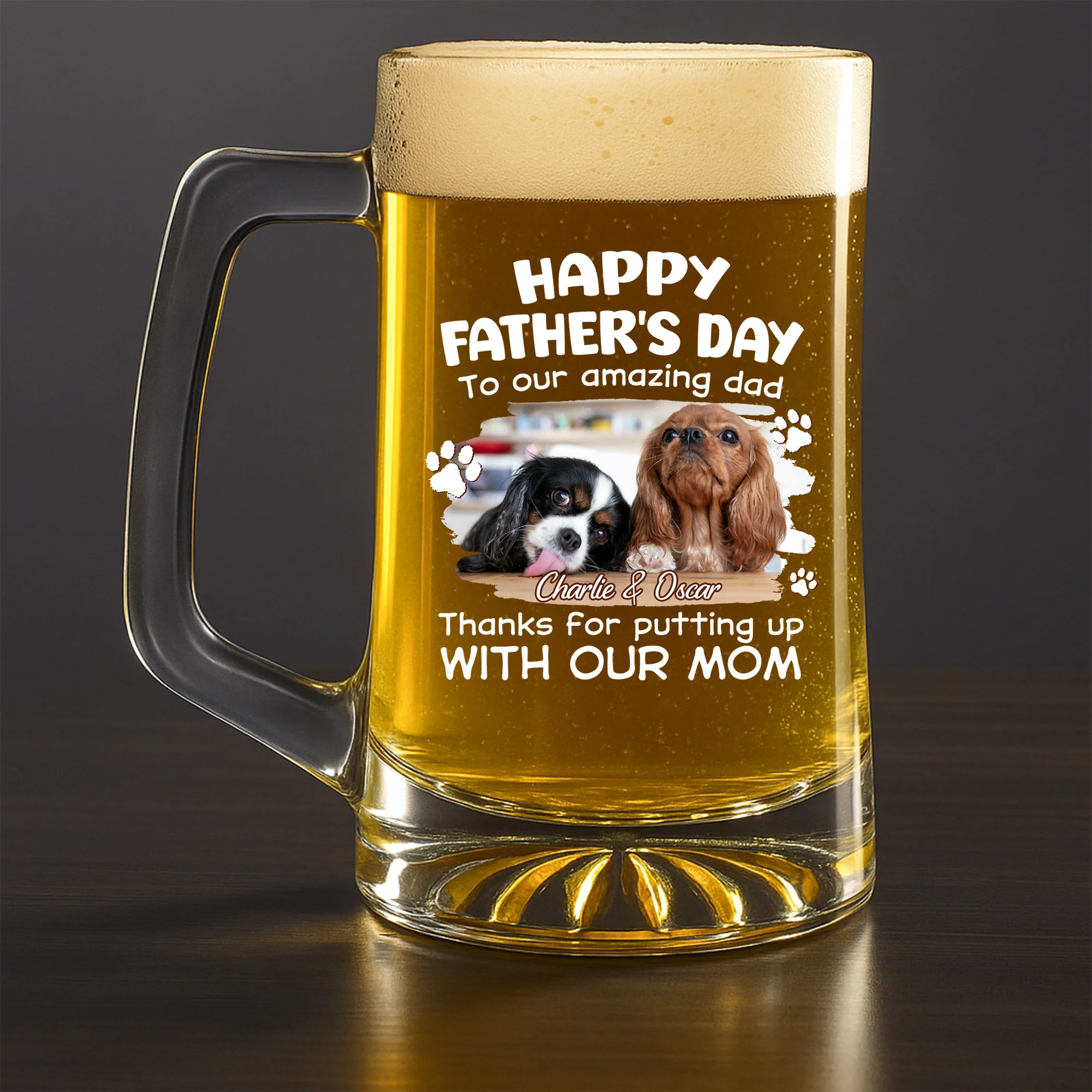Putting Up With Funny Dad Photo - Personalized Custom Beer Glass With Handle - Image 3