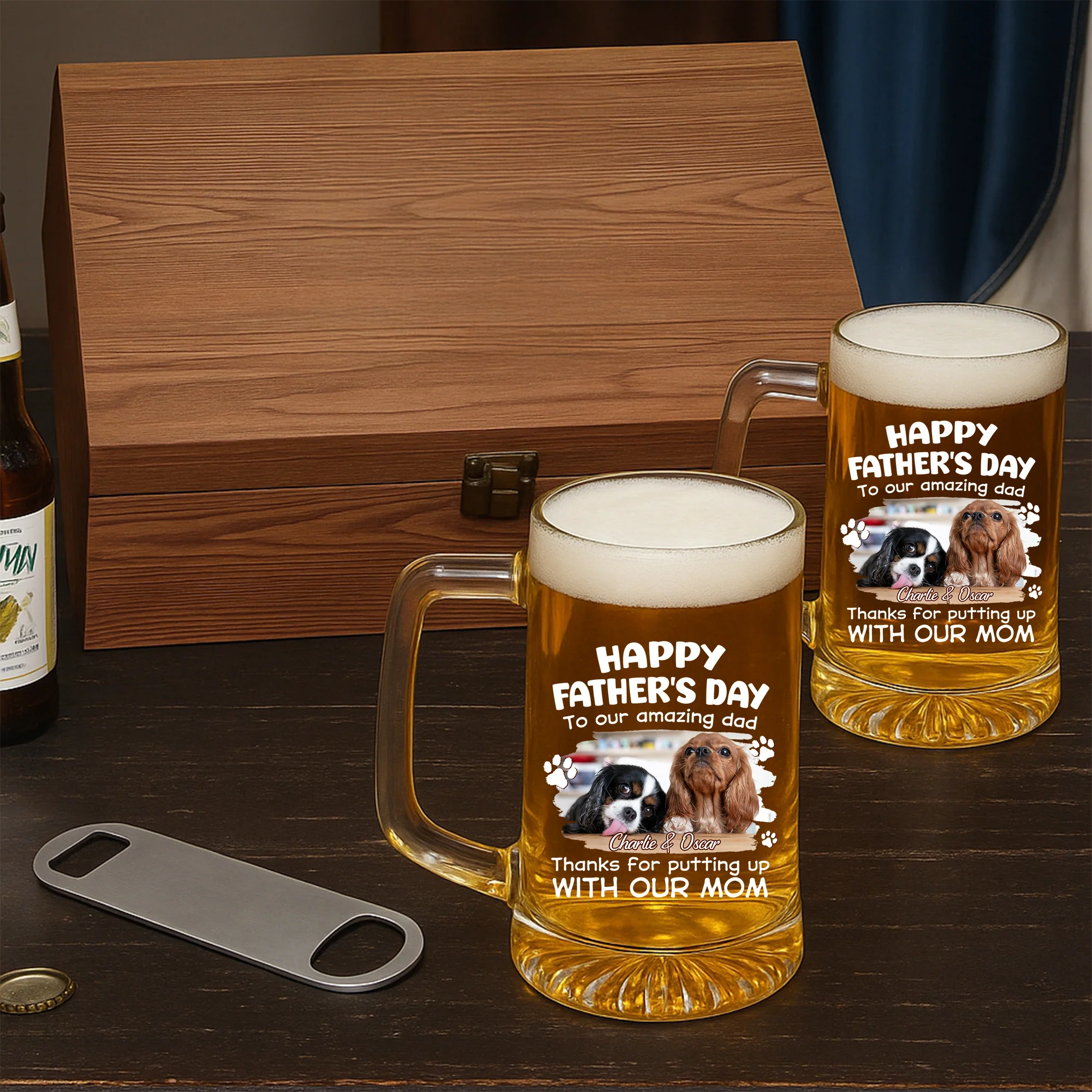Putting Up With Funny Dad Photo - Personalized Custom Beer Glass With Handle - Image 4