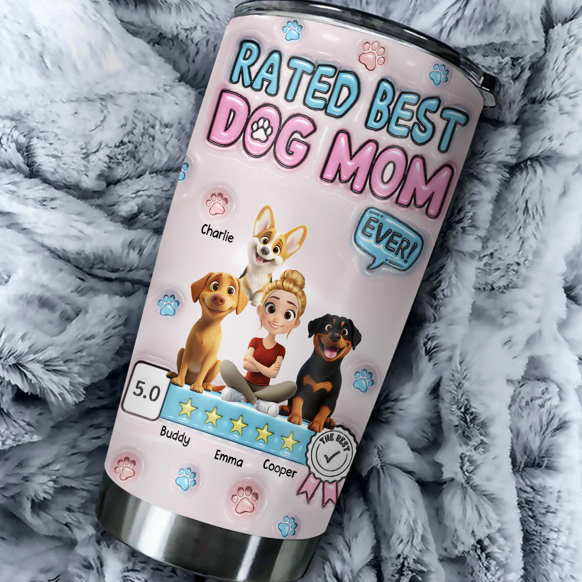 Rated Best Dog Mom Ever 2 - Personalized Custom 3D Inflated Effect Tumbler - Image 4