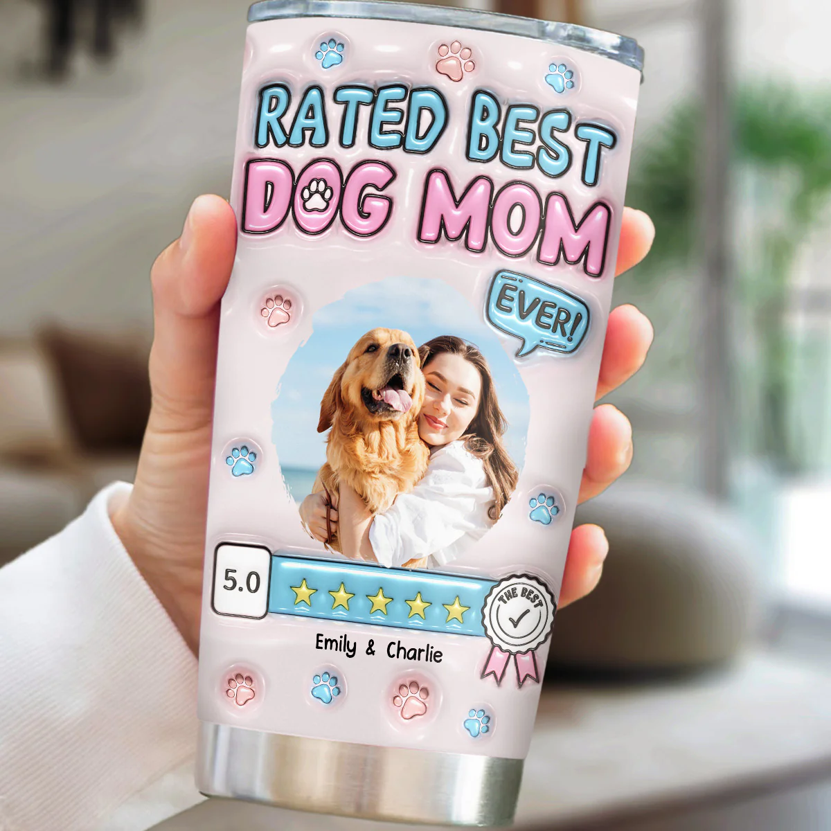 Rated Best Dog Mom Ever 2 Photo - Personalized Custom 3D Inflated Effect Tumbler - Image 2