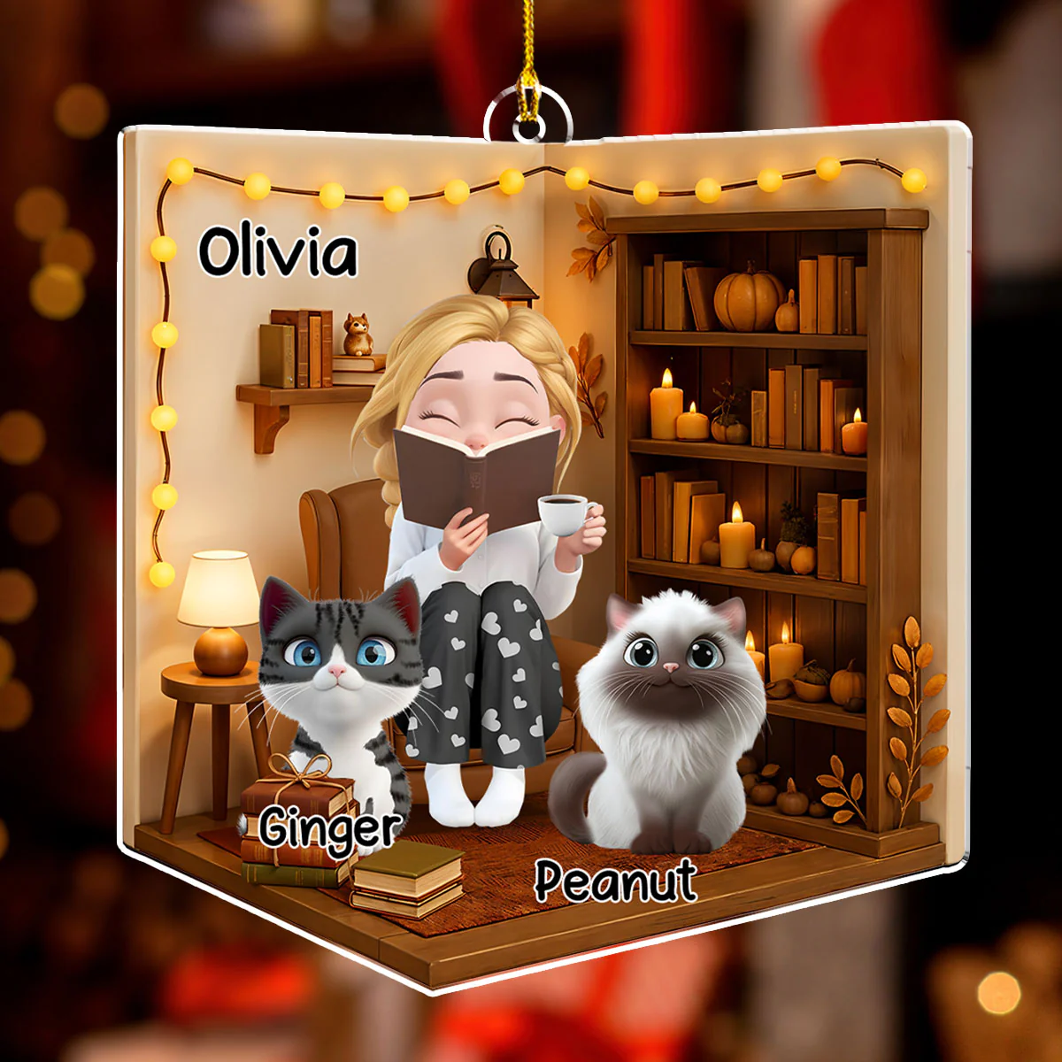 Reading Girly And Her Cats - Personalized Custom 3D Effect Acrylic Ornament - Image 2