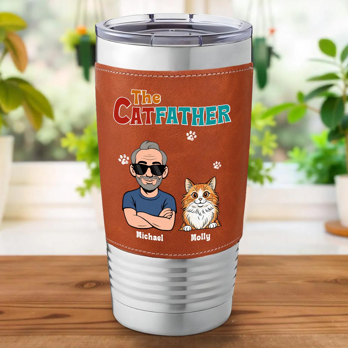 Retro Cat Father - Personalized Custom Leather Tumbler - Image 6