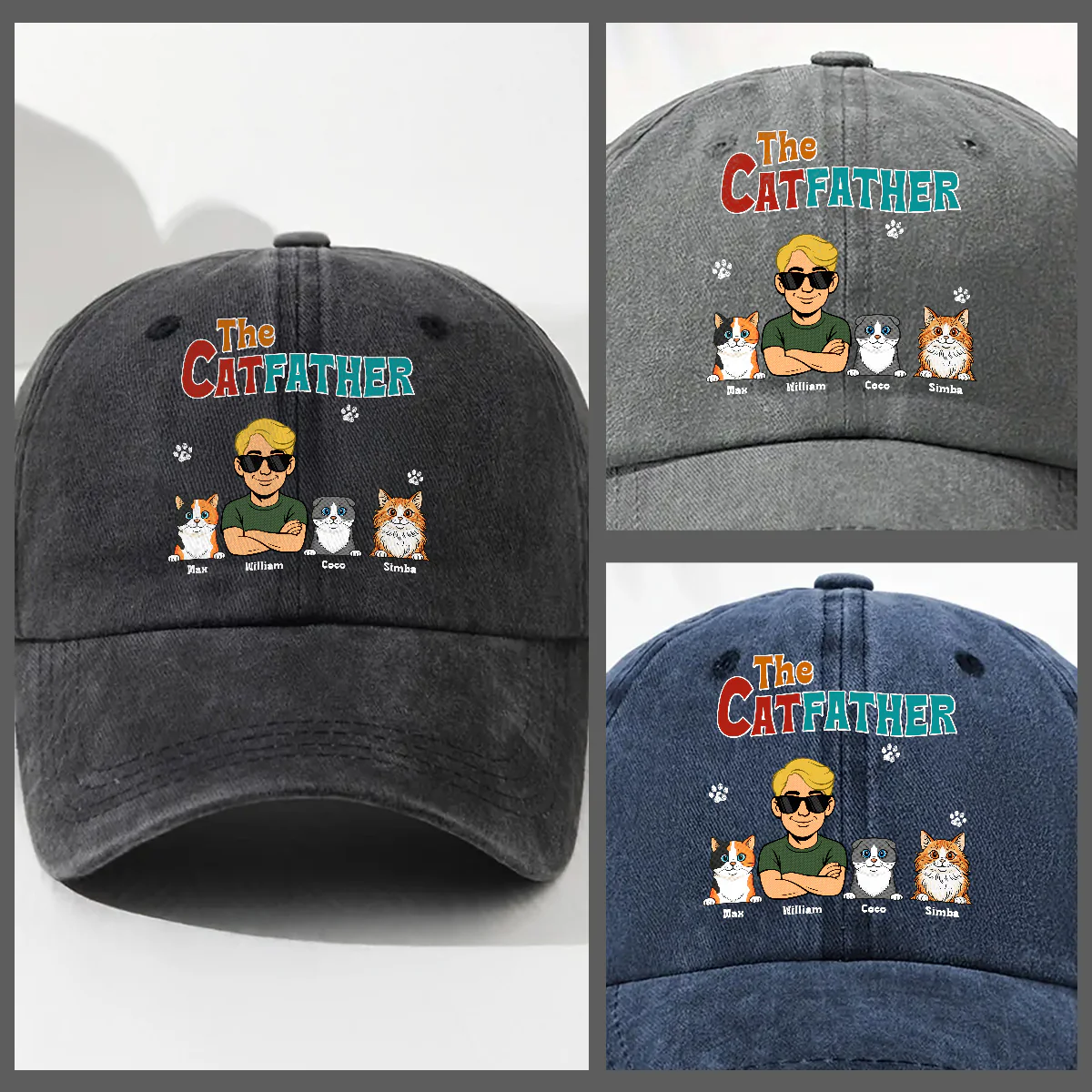 Retro Cat Father - Personalized Custom Vintage Washed Denim Cap - Image 3