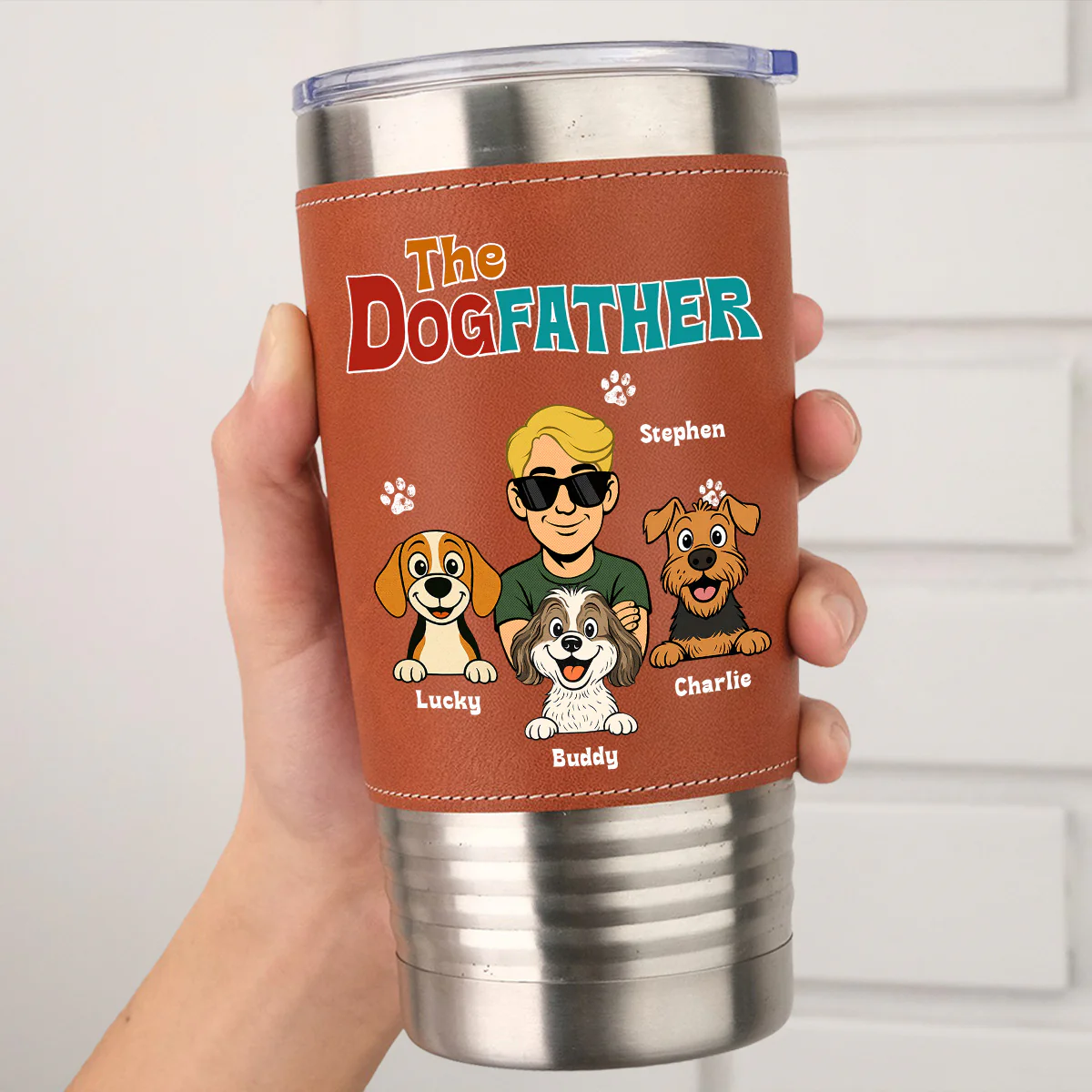 Retro Dog Father - Personalized Custom Leather Tumbler - Image 5