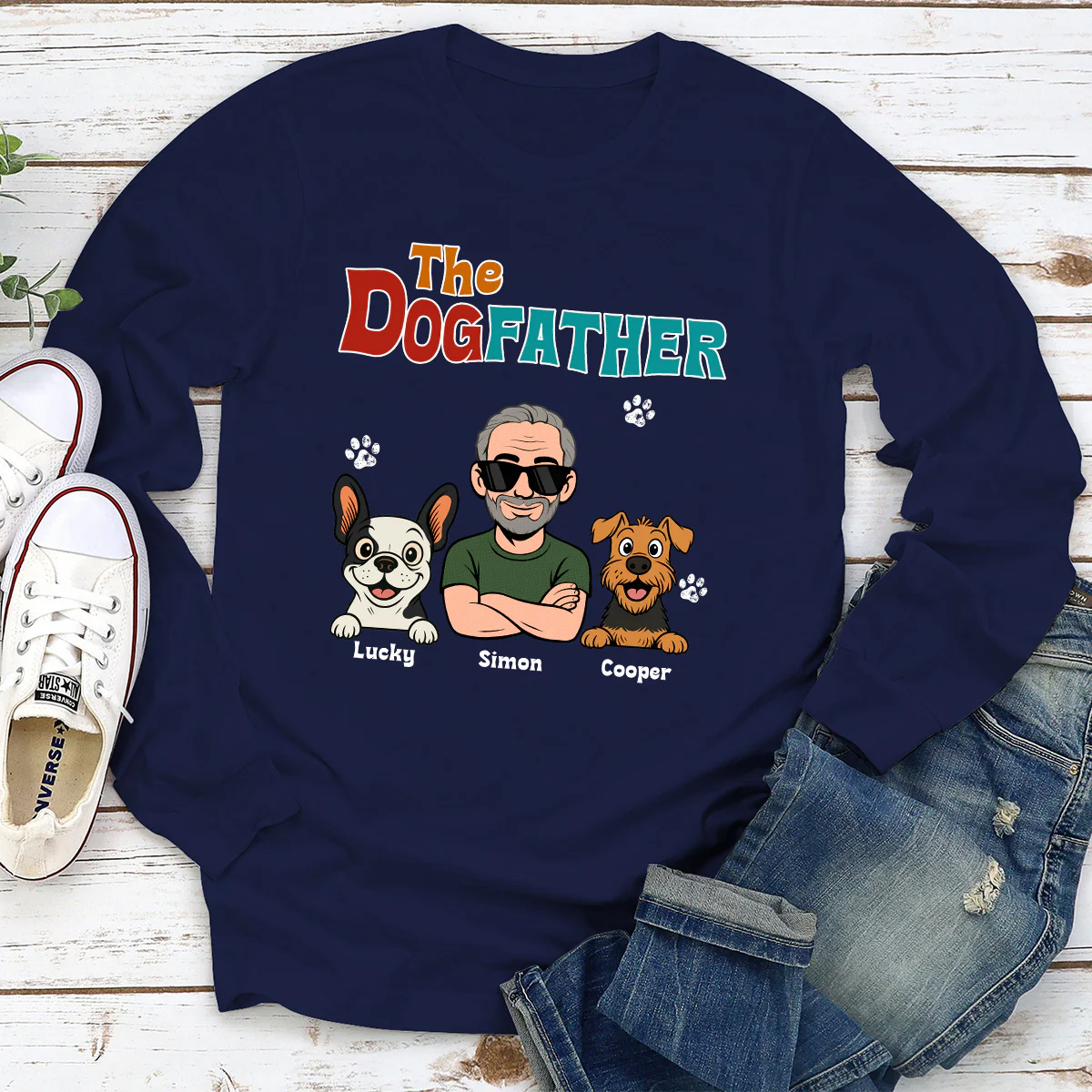 Retro Dog Father - Personalized Custom Long Sleeve T-Shirt - Image 2