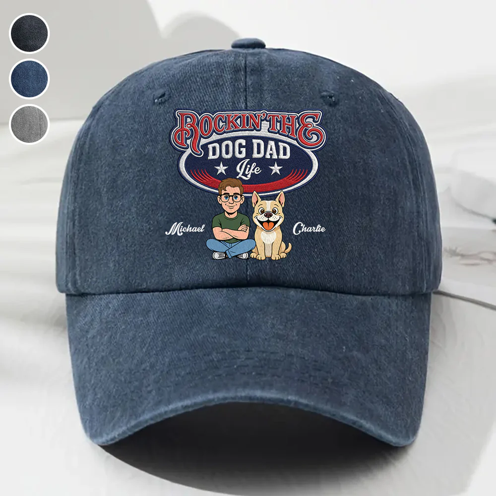 Rocking The Retro Dog Dad - Personalized Custom Vintage Washed Denim Cap