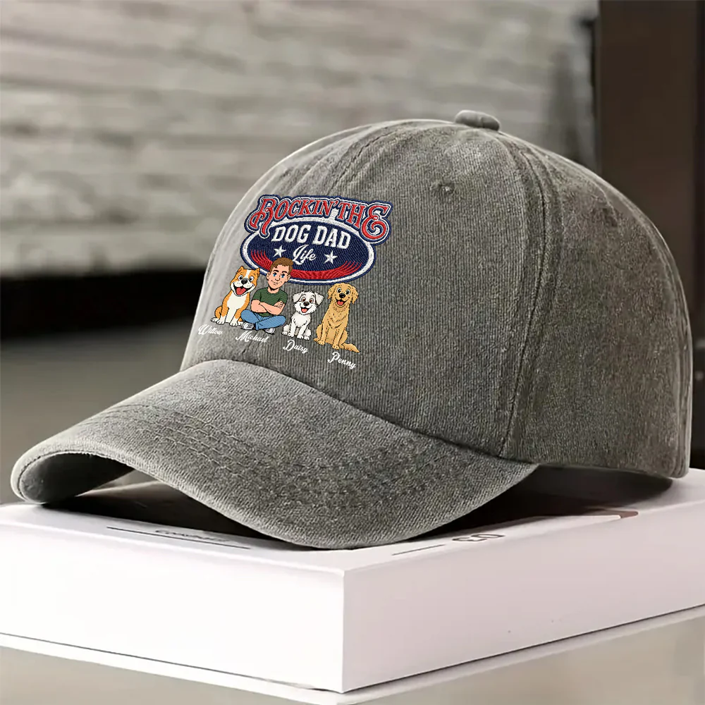Rocking The Retro Dog Dad - Personalized Custom Vintage Washed Denim Cap - Image 4