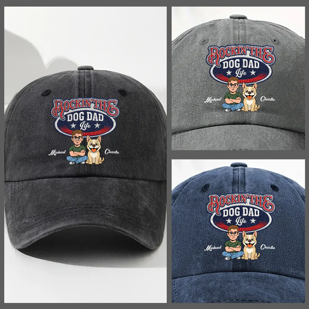 Rocking The Retro Dog Dad - Personalized Custom Vintage Washed Denim Cap - Image 5