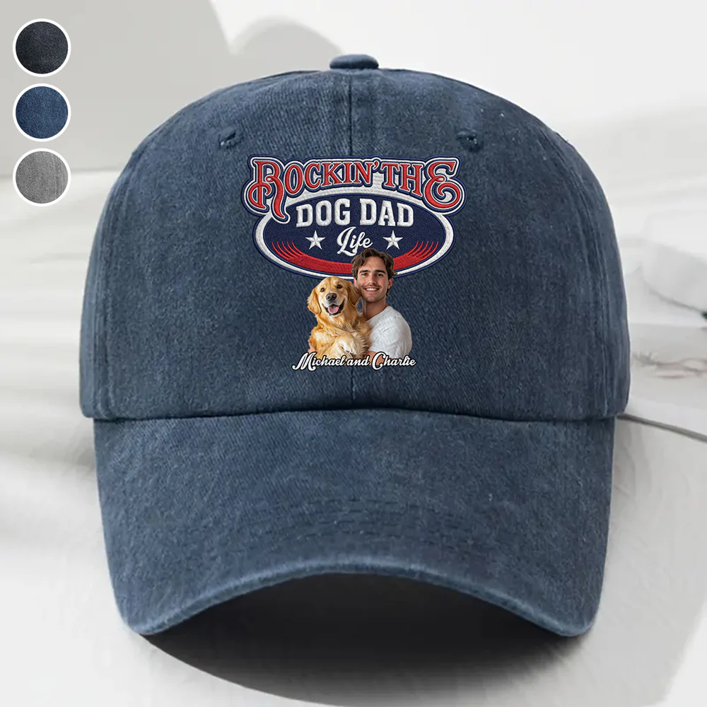 Rocking The Retro Dog Dad Photo - Personalized Custom Vintage Washed Denim Cap