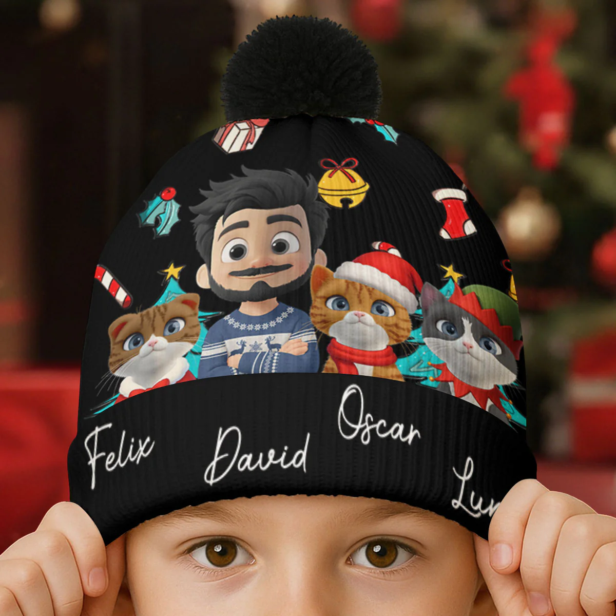 Santa Is Coming To Cats - Personalized Custom Bobble Beanie Hat - Image 3