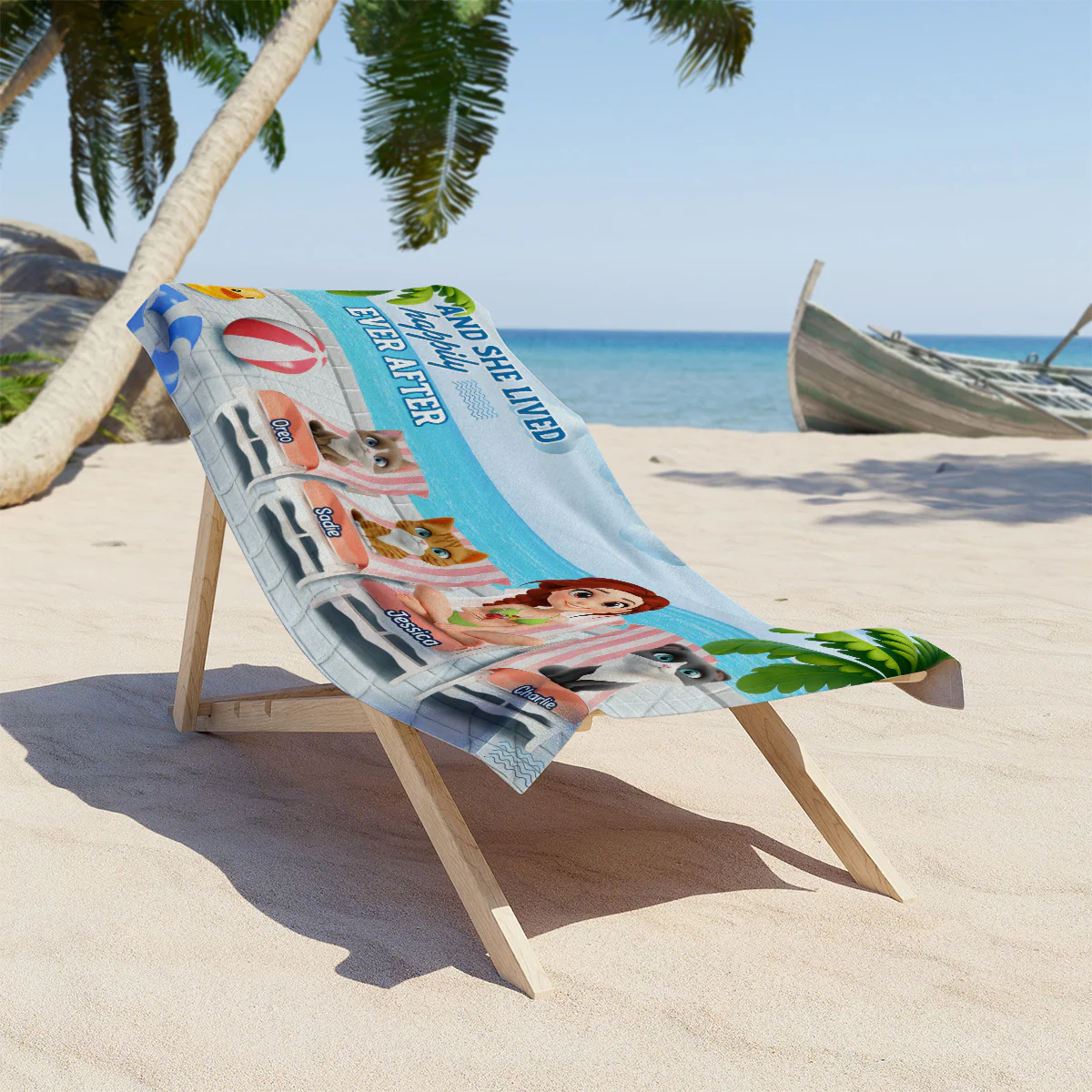 She Lived Happily With Cat - Personalized Custom Beach Towel - Image 3