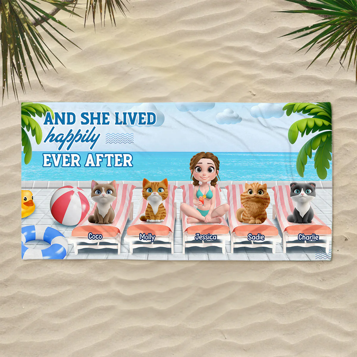 She Lived Happily With Cat - Personalized Custom Beach Towel - Image 4
