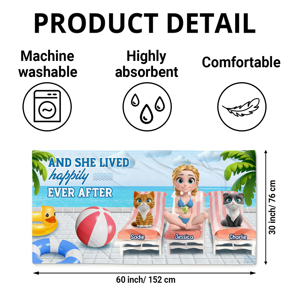 She Lived Happily With Cat - Personalized Custom Beach Towel - Image 5