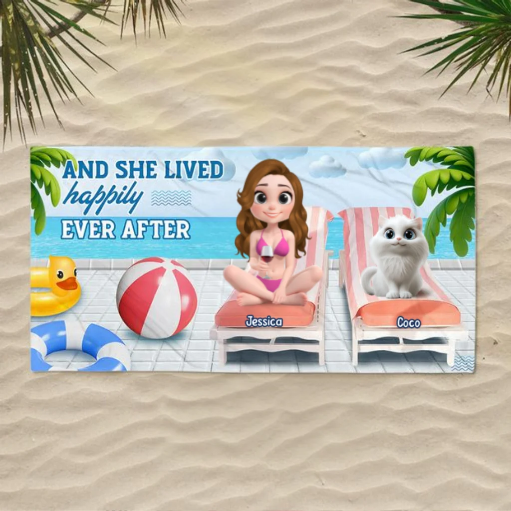 She Lived Happily With Cat - Personalized Custom Beach Towel - Image 6