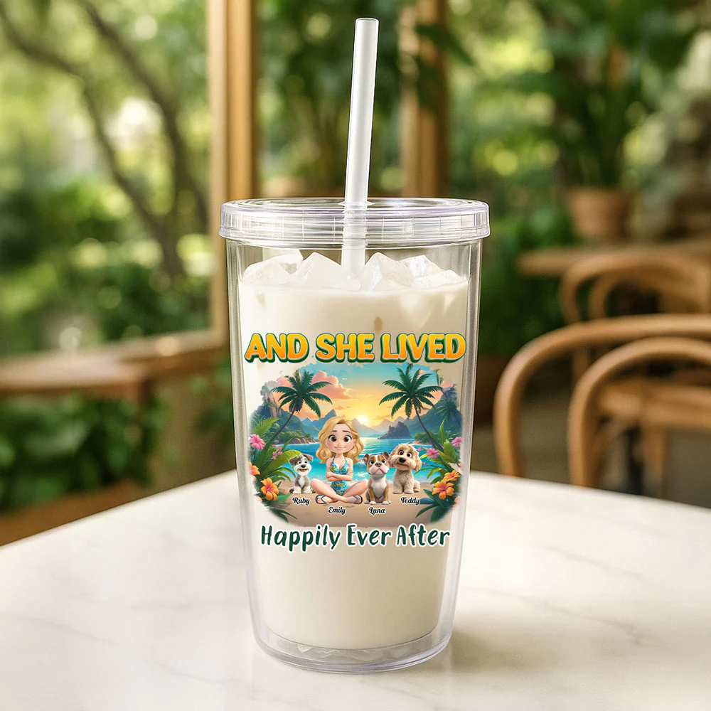 She Lived Happily With Her Dog - Personalized Custom 14oz Plastic Tumbler - Image 3