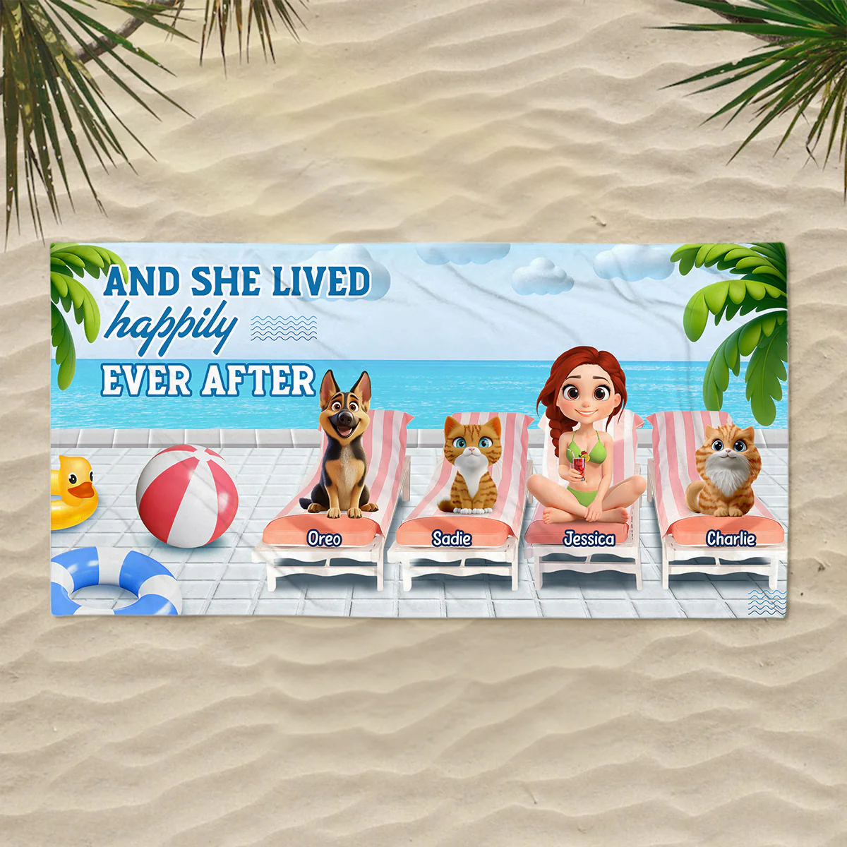 She Lived Happily With Pet - Personalized Custom Beach Towel - Image 5