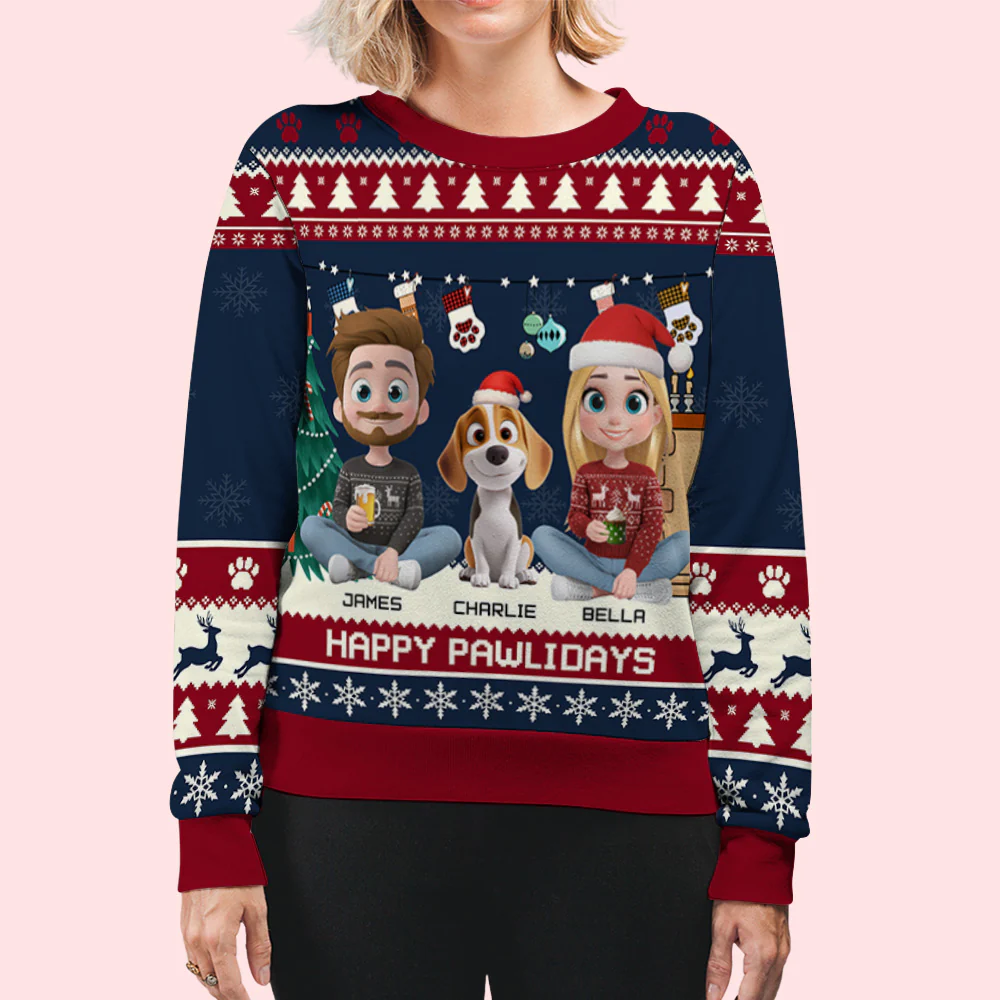 Snowy Pawlidays Couple Cartoon - Personalized Custom All-Over-Print Sweatshirt - Image 5