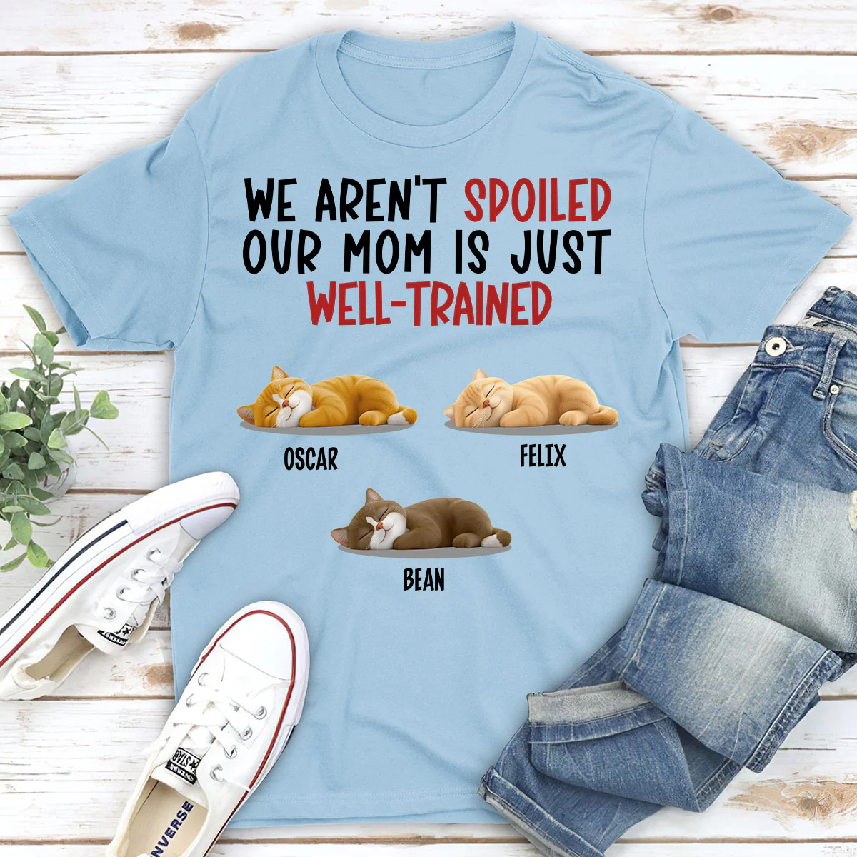 Spoiled Cat And Well Trained Dad Mom Cartoon - Personalized Custom Unisex T-Shirt - Image 4