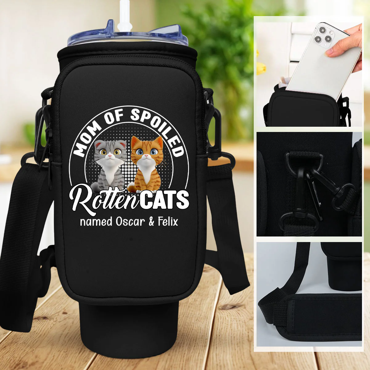 Spoiled Rotten Cartoon Cat - Personalized Custom Water Bottle Carrier Bag